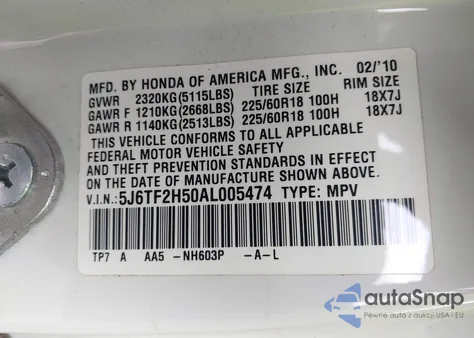 2010 Honda Accord Crosstour Ex-L z USA, uszkodzony, nr VIN 5J6TF2H50AL005474